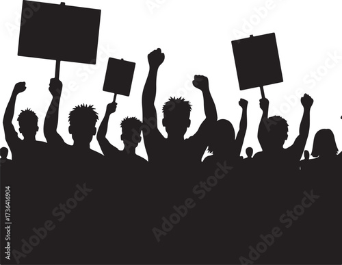 Black silhouettes of people protesting with signs and raised fists