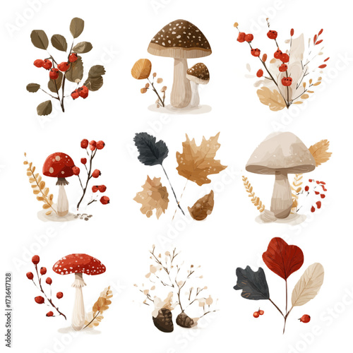 Flat vector autumn nature set with mushrooms, berries, leaves and branches. Minimal seasonal elements isolated on white