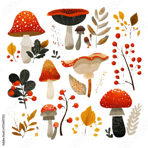 Flat vector autumn nature set with mushrooms, berries, leaves and branches. Minimal seasonal elements isolated on white