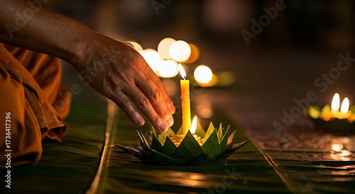 Monks Hand Lighting Candle in Religious Ceremony.