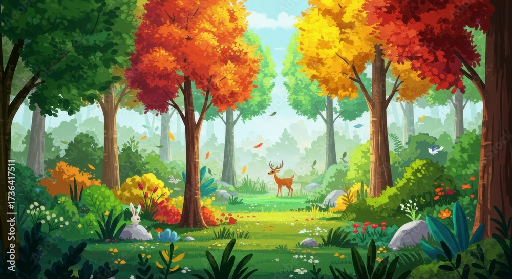 Naklejka premium Enchanting autumn forest landscape with deer and rabbit, evoking a sense of tranquility and wonder
