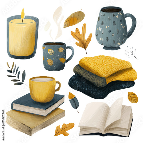 Set of cozy fall flat vector objects including candle, book, tea cup and blanket. Minimal autumn hygge elements isolated on white.