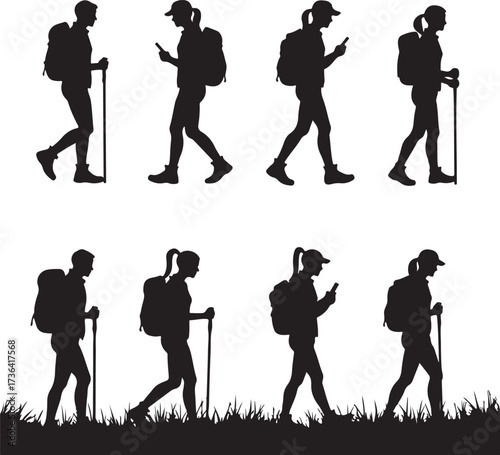 Black silhouettes of hikers with backpacks and walking sticks