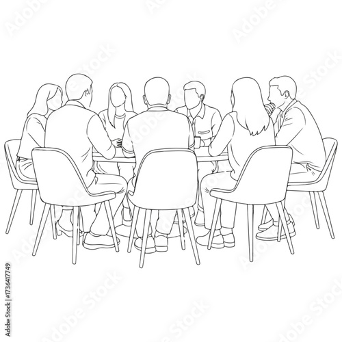 Group of people seated around table in meeting, line art