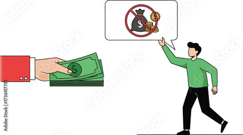 Person refusing a bribe, rejecting dishonest money exchange with integrity