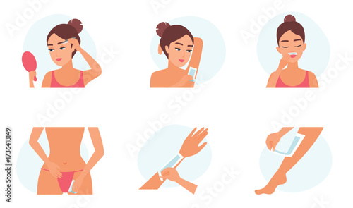 Hair removal methods of epilation with wax strips set vector illustration. Cartoon female models holding depilation tool to remove hair in different parts of body and face, infographic collection