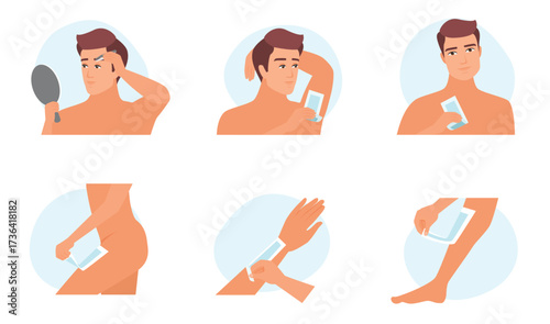 Hair removal methods of epilation with wax strips set vector illustration. Cartoon male models remove unwanted hair in different parts of body and face, guy using depilation procedure to care skin