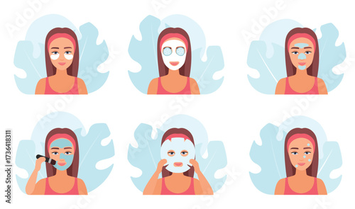 Mask, facial spa treatment vector illustration. Cartoon girls apply clay mask on face skin with brushes, cucumber circles on eyes, cleansing and moisturizing patches, skincare with cosmetic products