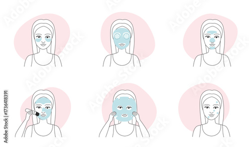 Face masks, beauty treatment thin line icons set vector illustration. Outline female characters apply clay or cream mask with brushes, circles of patch applications and cucumber for eyes and skincare