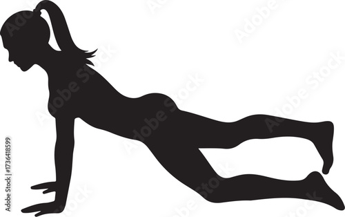 Black silhouette of woman doing a plank exercise white background