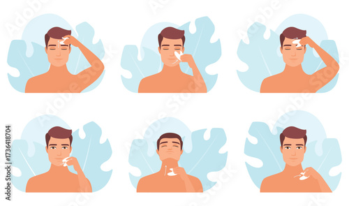 Gua sha facial massage, infographic set vector illustration. Cartoon male characters massaging skin of face and neck, young guys holding jade stone guasha massagers for lifting and lymphatic drainage