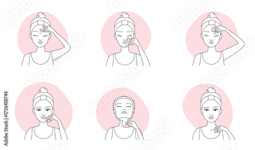 Gua sha massage, infographic line icons vector illustration. Hand drawn outline girls massage skin of face and neck with with jade or quartz stone massager, holding gua sha tool to draw along lines