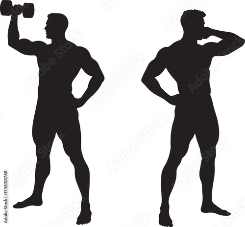 Black silhouette of muscular man lifting dumbbell and posing