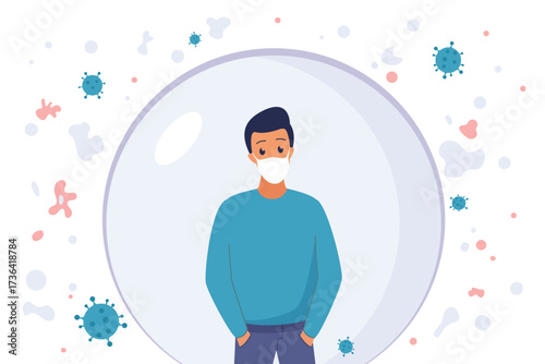 Man in protection bubble vector illustration. Cartoon male character wearing medical mask to protect health from allergy and infection, healthy habits for disease prevention