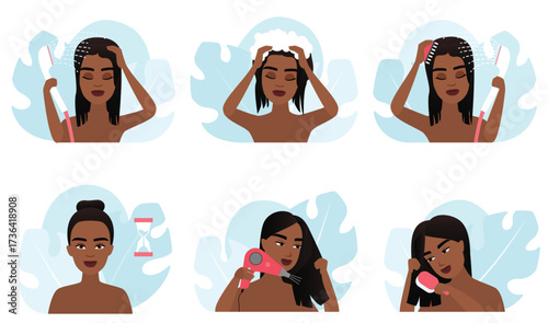 Hair care and treatment steps with oil application trendy flat icons set vector illustration. Dark skin female characters apply oil on hair and scalp, massage with comb, wash with water and shampoo