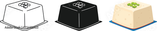 Three representations of tofu in black and white and full color
