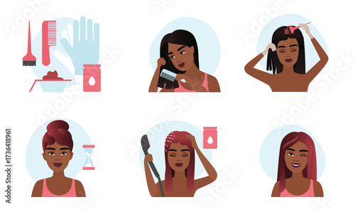 Cartoon steps of hair coloring process for woman at home, dark skin girls with gloves and brush, professional diy tools change hair color to red. How to dye your hair at home vector illustration.
