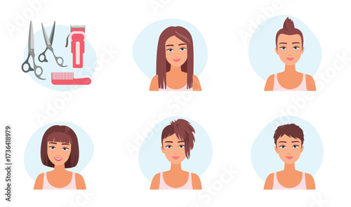 Haircuts of woman set vector illustration. Cartoon portrait of cute girls with different hairstyles, happy female character with fashion short and brown long hair, salon scissors, comb and clipper