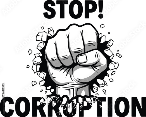 Fist breaking through wall with stop corruption message