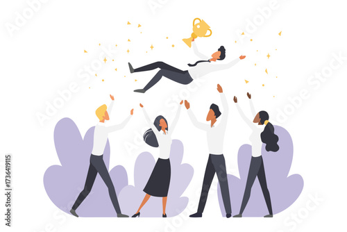Happy business people toss winner vector illustration. Cartoon office worker characters in formal outfit tossing leader into air with confetti, golden cup to celebrate victory, colleagues throw up man
