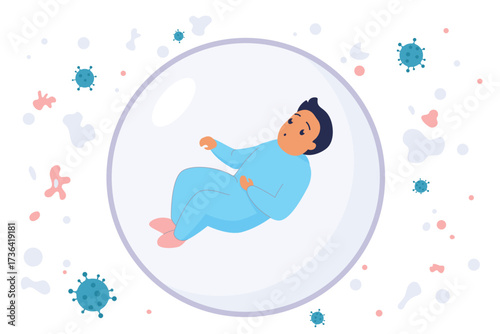 Child in safety bubble for health protection vector illustration. Cartoon newborn baby inside protective shield, medical protection for kids from viruses, allergy and infection, respiratory disease