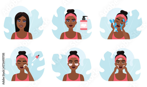 Makeup removal set vector illustration. Dark skin girl remove visage with cleansing gel and water, use cotton pad for cleanliness of skin and eye patches, female characters apply lotion or cream