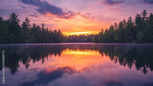 A calm lake reflecting a vibrant sunset over a horizon of pine trees, peaceful and picturesque.