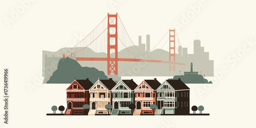 Iconic San Francisco cityscape featuring the Golden Gate Bridge and a row of charming Victorian houses