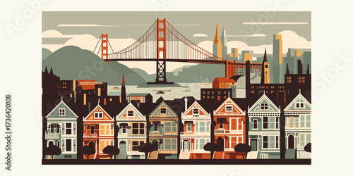 Scenic San Francisco Painted Ladies & Golden Gate Bridge Illustration