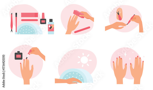 Steps of manicure and nail polish flat icons set vector illustration. Female hands using nail file and cuticle remover, painting fingernails, drying under UV lamp in salon or home