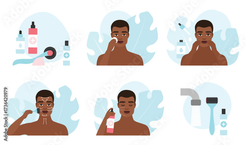 Derma roller massage for man set vector illustration. Dark skin male characters applying moisturizing serum, massaging face skin along massage with dermaroller, beauty treatment in cosmetology