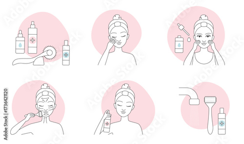 Dermaroller massage guide, microneedling thin line icons set vector illustration. Outline skincare infographic collection with girls clean face, apply serum, massage skin with microneedles of roller