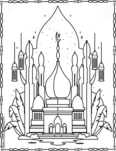 Black and white Mosque page for coloring. A fantastic Arab castle from a fairy tale. Worksheet for children and adults.