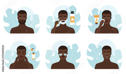 Shaving, facial skincare routine of man in bathroom set vector illustration. Dark skin male characters shave with razor, apply treatment serum and beauty products, eye patches to care and clean skin