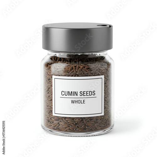 A glass jar of cumin seeds on white background