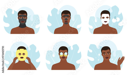 Skincare routine steps of man in bathroom cartoon flat vector illustration. Dark skin male characters shave with razor and mousse, apply cosmetic serum on face skin, lotion and eye patches