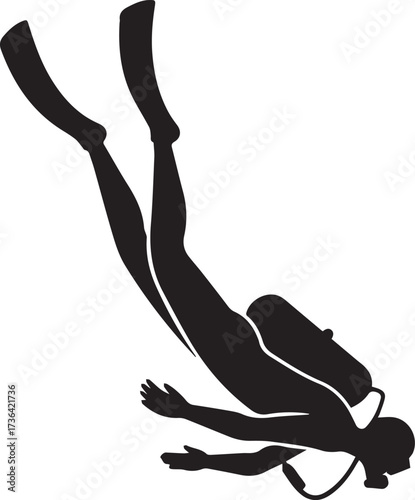 Striking Black Vector Icon Illustration of a Scuba Diver Submerging in the Ocean