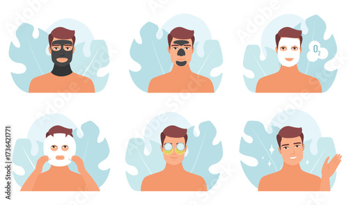 Skincare routine steps of man in bathroom cartoon flat vector illustration. Male characters shave with razor and mousse, apply cosmetic serum on face skin, lotion and eye patches