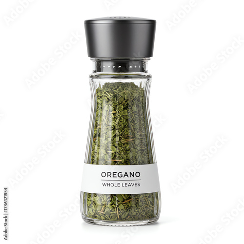 A glass jar of oregano on white background
