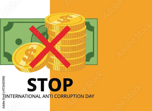 Symbolic representation of stopping corruption with money and coins crossed out.
