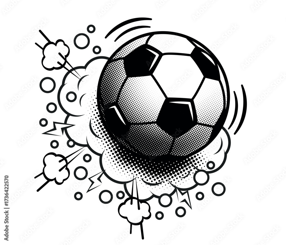Obraz premium Football soccer ball in comic halftone style. Black and white vector template on transparent background