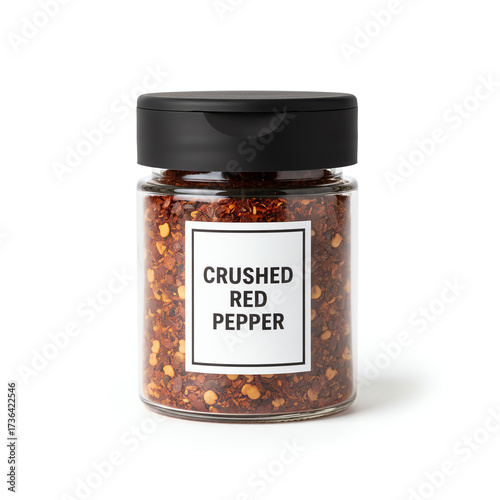 A glass jar of crushed red pepper on white background