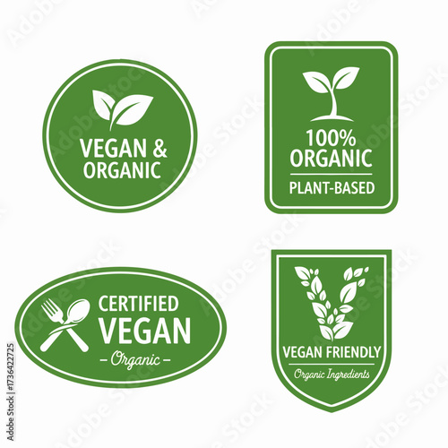 Vegan tag label. Veganism badge logo, vegetarian organic products and organic food badges. Green restaurant stamp or gluten free organic eco logotype. Vector isolated icons set