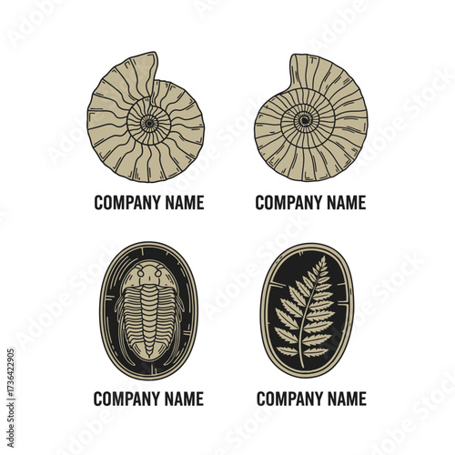 Collection of Fossil Logos with Ammonite, Trilobite, and Fern Designs.