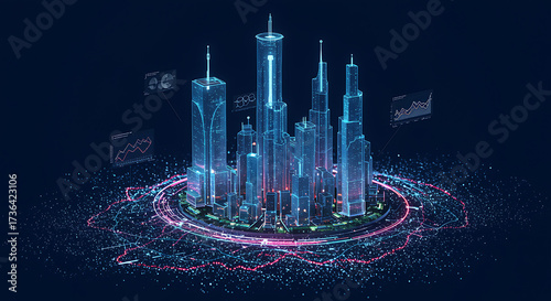 Futuristic glowing blue skyscrapers with data visualizations
