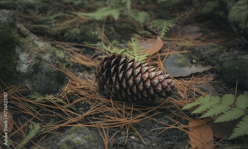 Pine cone resting on the forest floor with needles and leaves.
