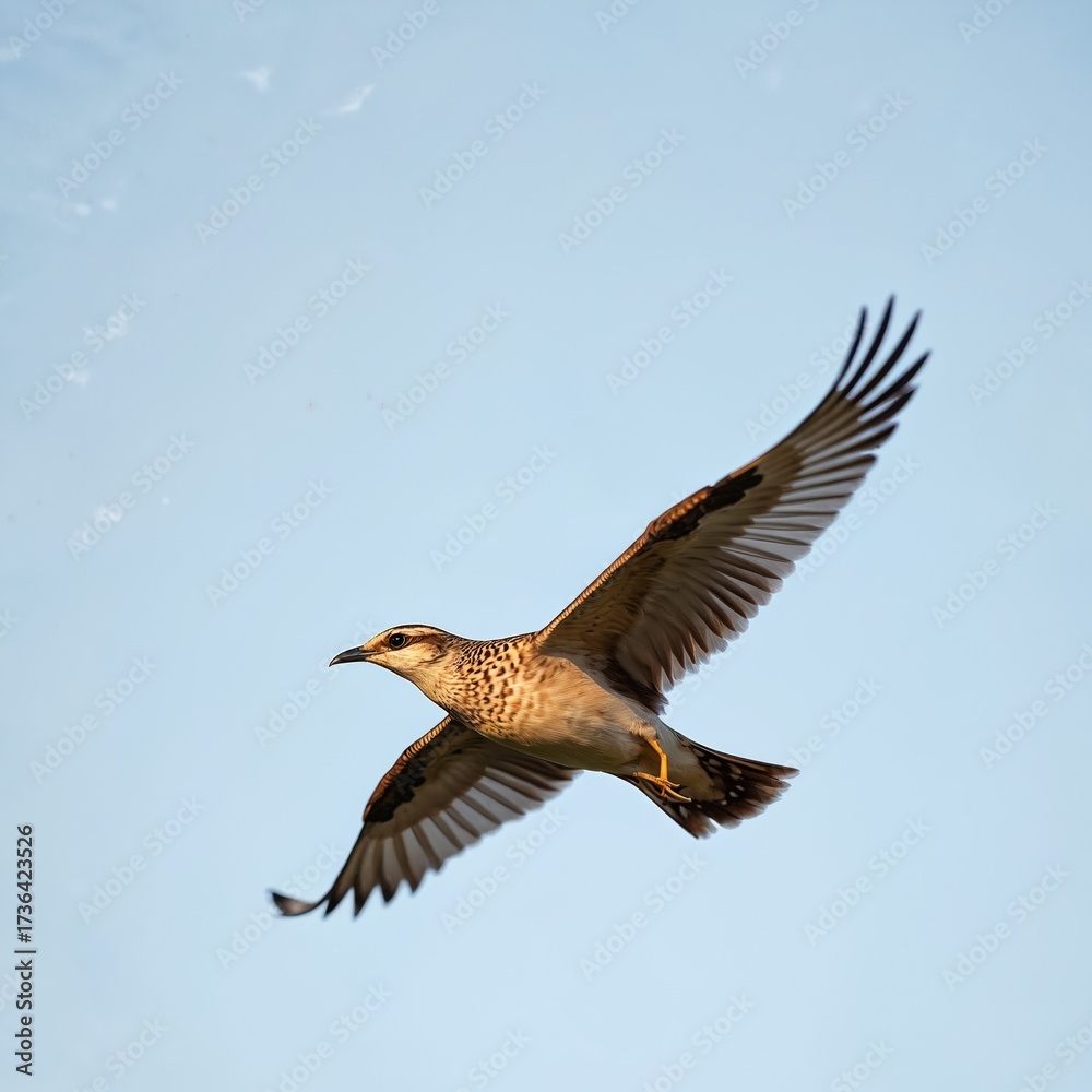 Obraz premium Wood Lark flies against a clear blue sky. This bird is a common sight in European fields and meadows during spring. It has distinctive speckled brown plumage and wings spread wide in aerial motion.