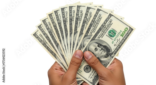Konstfotografi Isolated close-up of a fan of United States one hundred dollar bills held in two