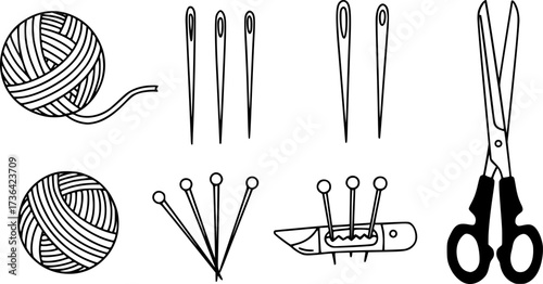 vector icons of yarn balls with sewing equipment needles and she
