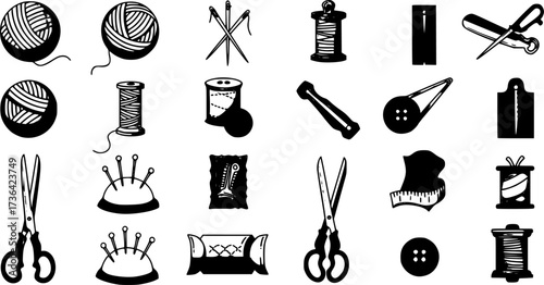 vector icons of yarn balls with sewing equipment needles and she
